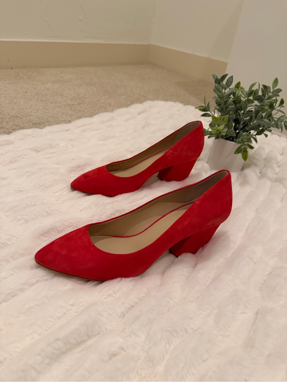 Botkier Red Suede Pointed Low Block Heel Pumps